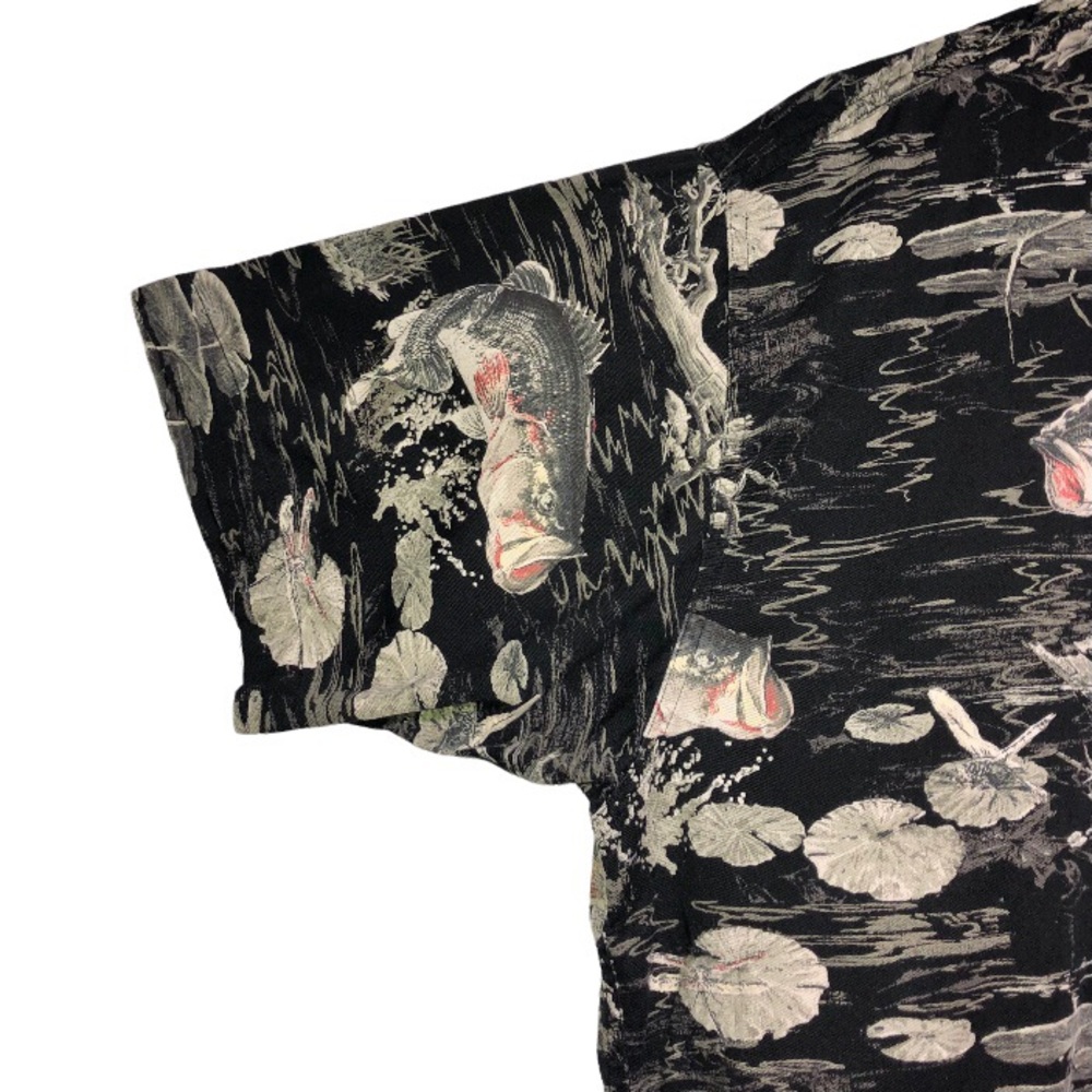 RedHead Vintage 90's Black/Cream Bass Fish Tropical Print Hawaiian Shirt - Picture 4 of 5